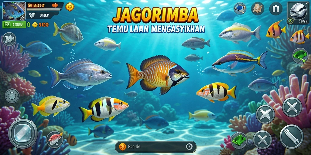 Tampilan gameplay seru di JAGORIMBA dengan ikan berwarna-warni.